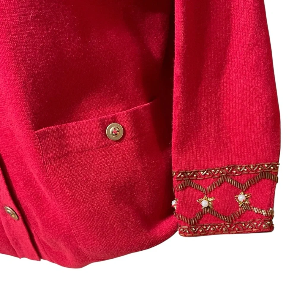 Carol Patterson Knits Women’s Embellished Linen Blend Red. Vintage Cardigan. MED